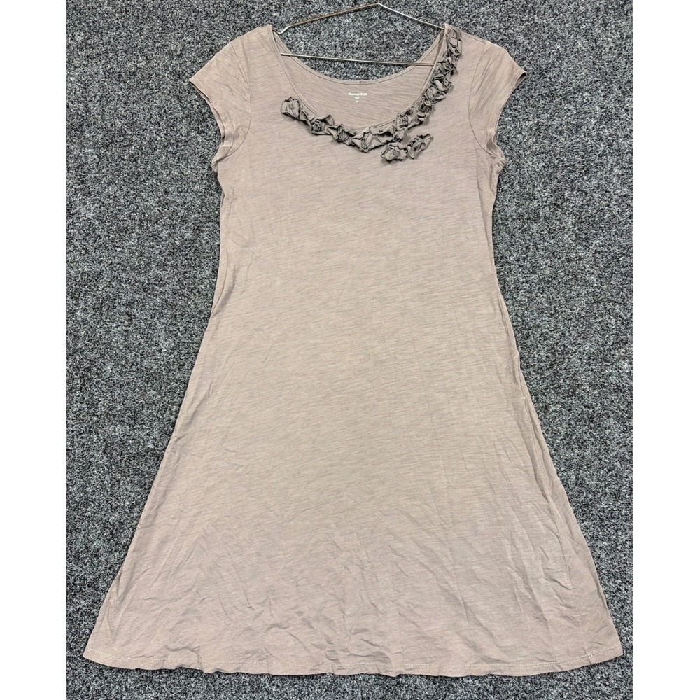 Garnet Hill Dress Womens Small Taupe Cotton Ruffle Neck Slub Knit A-Line Mini